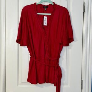 NWT Jessica Simpson Top Womens 2X Red Wrap Tie Waist Flutter Sleeve Peasant Boho